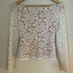 BCBG white lace long sleeved OTS top, size S